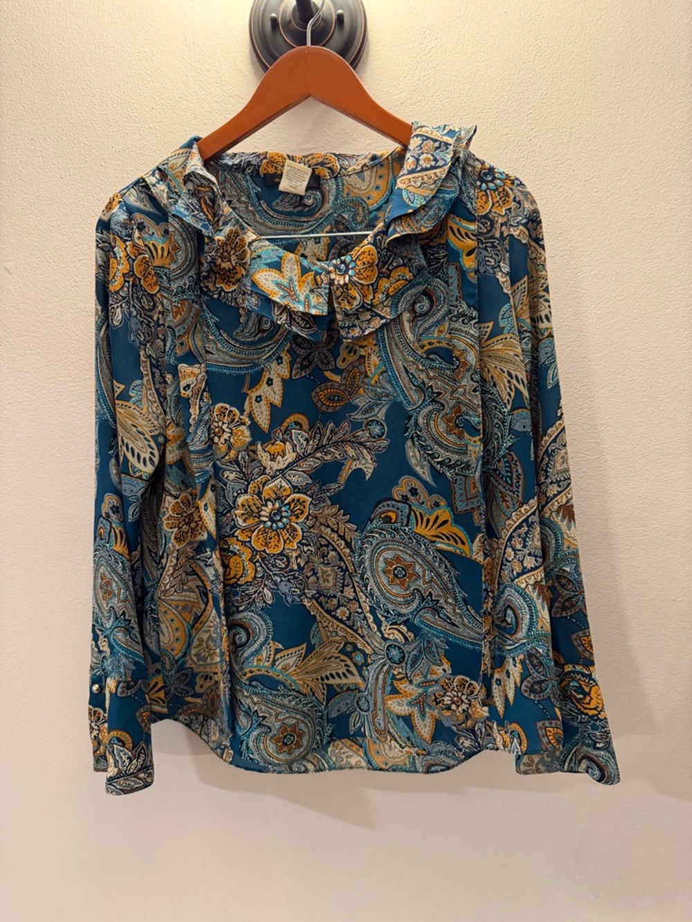 Jennie & Marlis Teal Blue Paisley Ruffle Collar‎ Blouse Long Sleeve Small